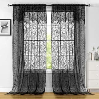 WUBODTI Gothic Black Lace Curtains with Attached Valance for Living Room Bedroom, Victorian Vintage Black Sheer Curtain Witchy Room Decor Goth Floral Embroidered Curtains, 60" W x 84" L