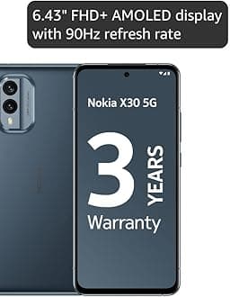 Nokia X30 5G Smartphone, 6GB RAM, 128GB ROM, 6.43” FHD+ AMOLED Display, 90Hz refresh rate, 3 years warranty, OS and monthly security updates, 50MP camera, super-fast 33W charging support - Blue