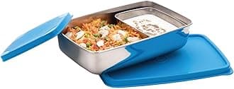 SignoraWare Compact Stainless Steel Small Lunch Box | Two Compartment Tiffin | Airtight & Leakproof | Useful for Travelling, Picnics & outdoor | Best for Office & School use (150ml + 550ml | Blue)