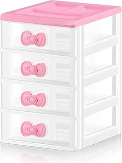 Tatuo Lovely Receiving Storage Cabinets Kawaii Makeup Organizer with 4 Layers Cute Storage Cabinet Box with Bow Handle Plastic Desktop Storage Box for Home Bedroom Bathroom Women Gifts(Clear)
