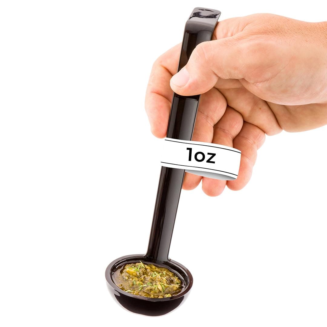Restaurantware 1 Ounce Serving Ladle 1 Hook Handle Portion Ladle - Dishwasher-Safe Reusable Black Plastic Gravy Ladle For Stirring Pouring And Serving