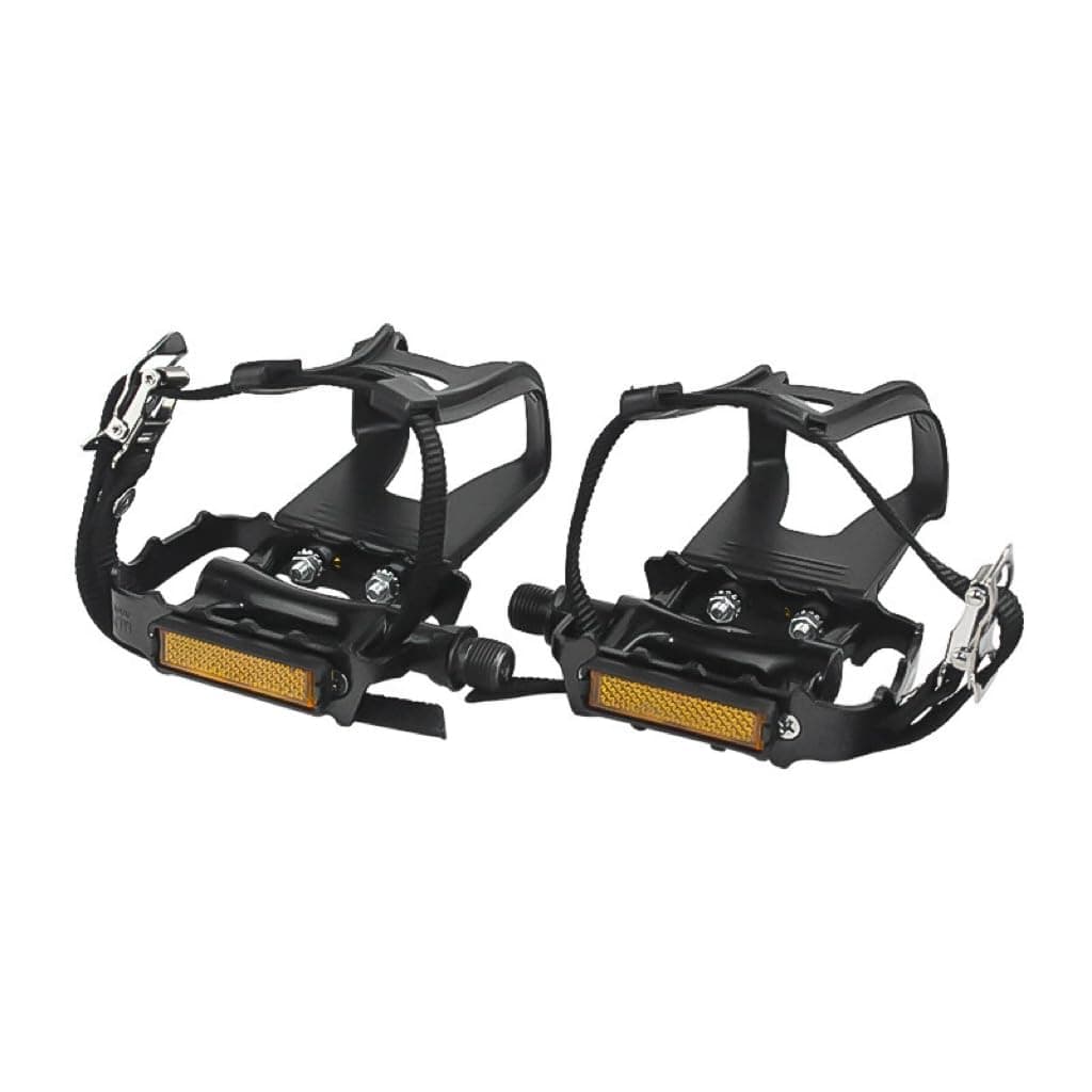 Bike Pedals with Clips and Straps for Outdoor Cycling and Indoor Stationary Bike 9/16-Inch Spindle Resin/Alloy Bicycle Pedals