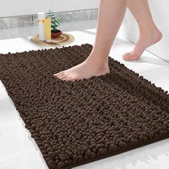 Yimobra Original Luxury Chenille Bath Mat, 32 x 20 Inches, Soft Shaggy and Comfortable, Large Size, Super Absorbent and Thick, Non-Slip, Machine Washable, Perfect for Bathroom, Brown