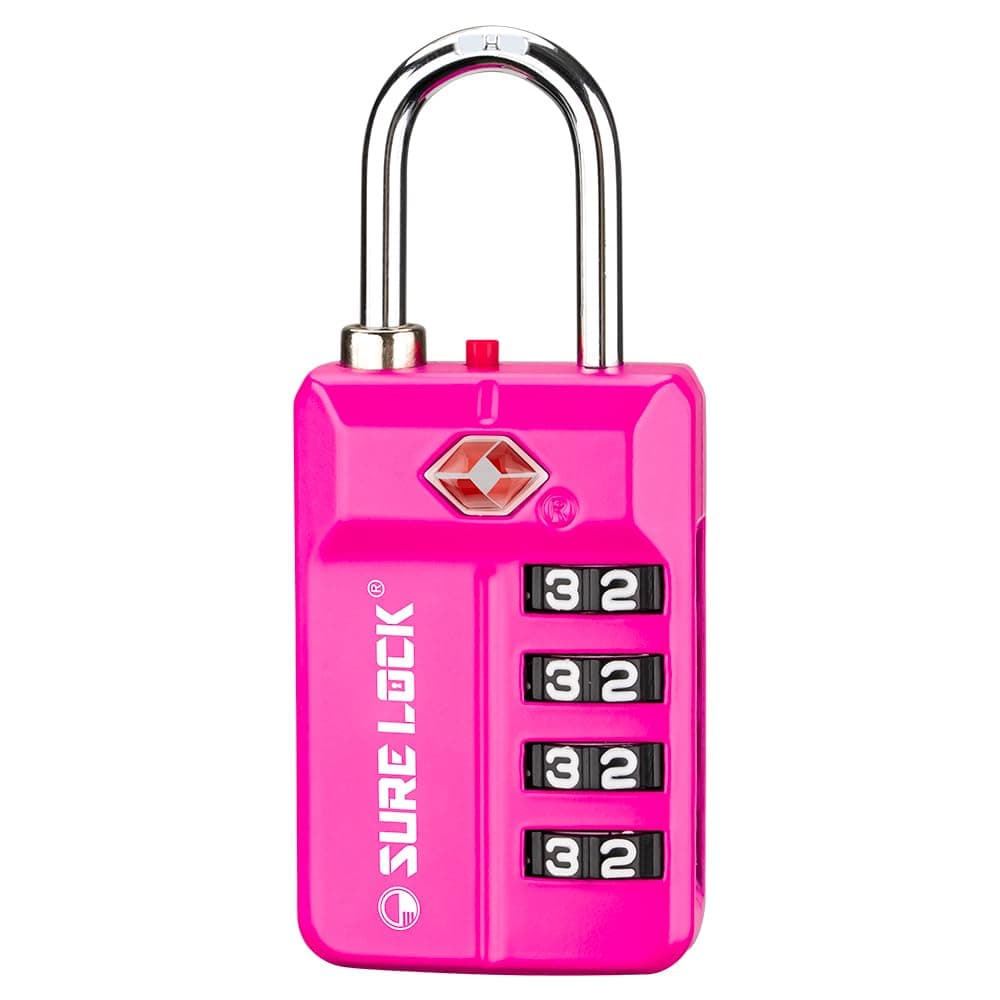 SURE LOCK TSA Approved 4-Digit Luggage Lock, Resettable Combination, Red Dot Open-Alert (Resets Only with Code), Easy-Read Black/White Dials, Hardened Shackle, Zinc Alloy (Pink 1 Pack)