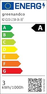 greenandco 5 x LED spotlights, GU10, 2.5 W, 450 lm, 6500 K, cold white, 36°, 230 V, flicker-free, energy efficiency class A, not dimmable