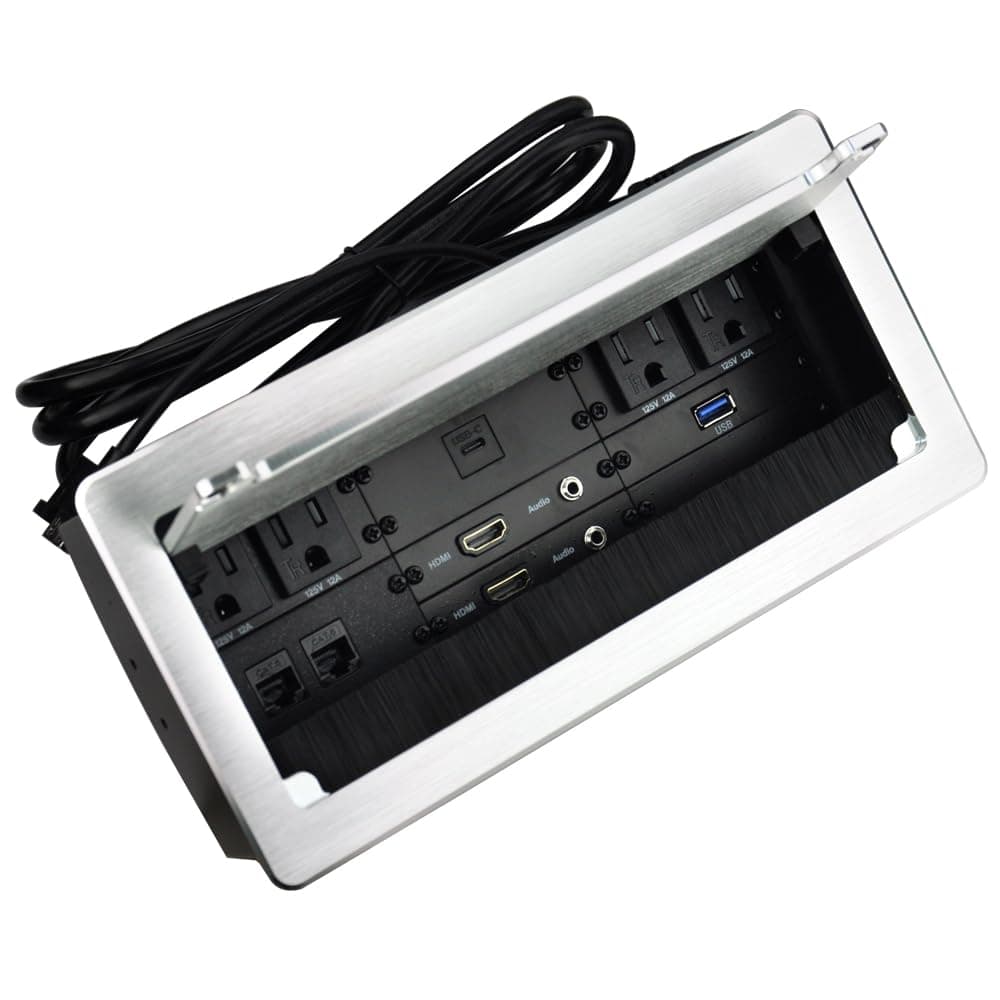 JS TECHNOLOGY Tabletop Multimedia Connectivity Box with 4 AC Power+2 HDMI+2 RJ45+1 USB3.0 Port +1 USB-C +2 Audio with 5.58ft Power Cord for Conference Room(Silver)