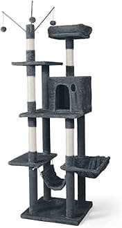 Tall Cat Tree for Indoor Cats, Modern Cute 70-Inch Climbing Play Tower with Top Perch Large Cats Kittens, Multi-Level Activity w Scratching Posts, Hammock, Cave Condo, Smoky Grey