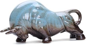 Wall Street Bull Arts Statues,Exquisite Ceramic Fortune Bulls Figurines and Sculptures Home & Office Tabletop Decor (Unstoppable-Blue)