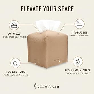 Tissue Box Cover Holder, Square with Bottom Belt by Carrot's Den - PU Leather Decorative Organizer for Tabletop, Bathroom, Car, Office | Beige
