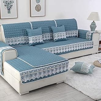 vctops Farmhouse Solid Color Sofa Slipcover Non Slip L Shape Sofa Cover Lace Trim Plaid Quilted Sectional Couch Cover Furniture Protector Cover for Pets Kids Children Dog Cat (Dark Green,28"x82")