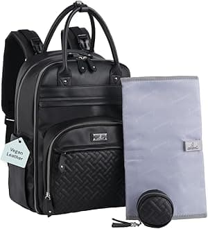 BabbleRoo Leather Diaper Bag Backpack - Baby Essentials Travel Baby Bag, Multi function, with Changing Pad, Stroller Straps & Pacifier Case – Unisex, Black
