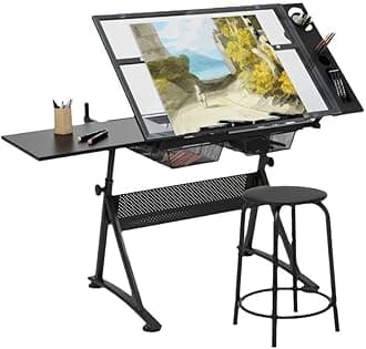 QXRSOP Drawing Tables for Artists,Height Angle Adjustable Drafting Desk w/2 Drawers Craft Station with Metal Frame Glass Tabletop Tiltable Art Desk Work Station for Painting, Writing, Studying