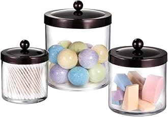 Premium Quality Apothecary Jars - Clear Plastic Storage Jars with Rust Proof Stainless Steel Lids - Bathroom Vanity Countertop Storage Organizer Canister Holder House Decor | Set of 3 (Bronze)