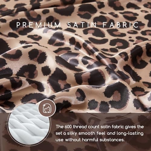 MR&HM Satin Bed Sheets with Elastic Corner Straps, Queen Size Sheets Set, 4 Pcs Silky Bedding Set with 15 Inches Deep Pocket for Mattress (Queen, Brown Leopard)
