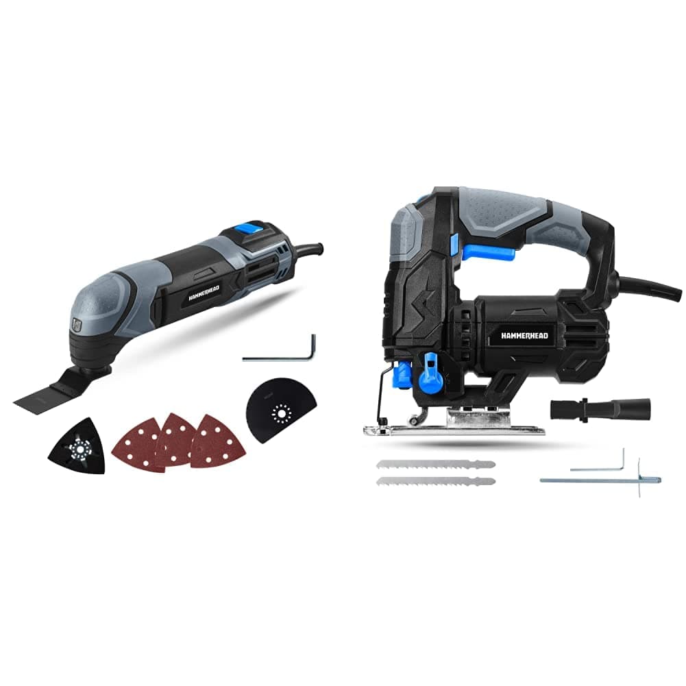 2.2-Amp Oscillating Multi-Tool with 1pc Flush Cut Blade, 1pc Semicircle Saw Blade & 4.8-Amp 3/4 Inch Jig Saw with 2pcs Wood Cutting Blades, Variable Speed and Orbital Function - HAJS048