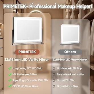 PRIMETEK Vanity Mirror with Lights, 16"x14" Large LED Lighted Makeup Mirror, Hollywood Makeup Mirror, Touch Screen, 3-Color Lighting, 5X Magnification, for Vanity Desk Tabletop, Bedroom, Black