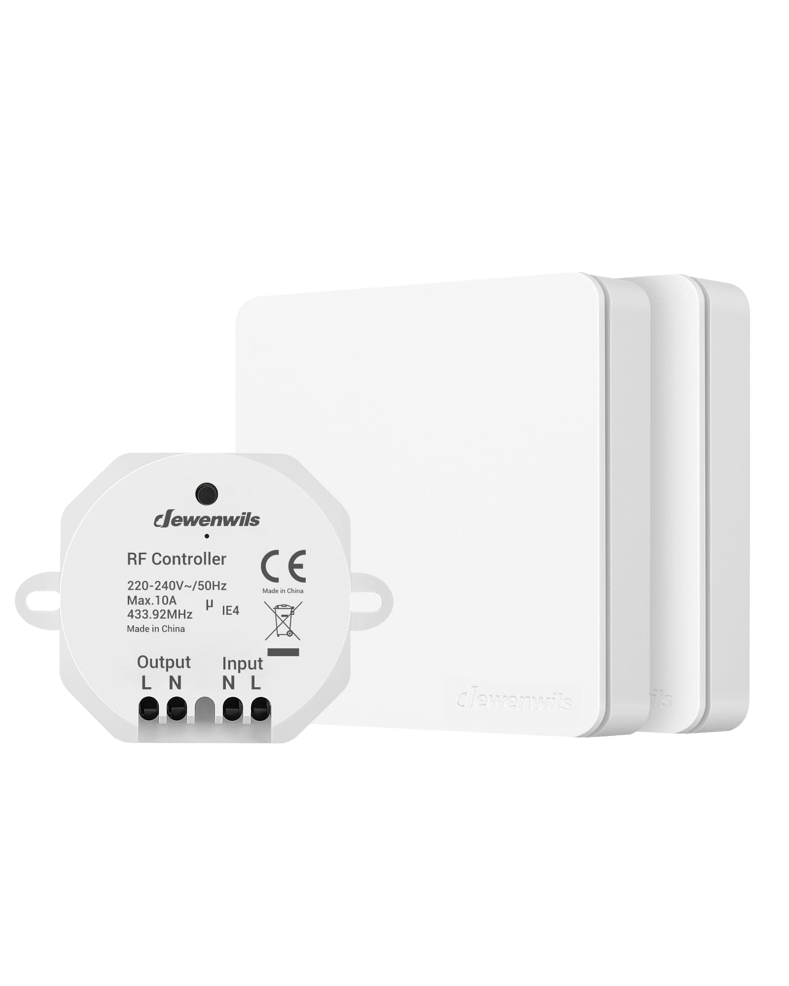 Wireless Light Switch Kit, Remote Control Light Switch for Lamp, 30M Range, No Wiring Required, Programmable, 2 Remotes and 1 Receiver