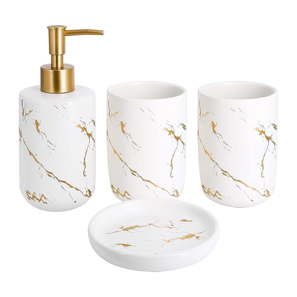 TOMVAES Bathroom Accessory Set, 4 Pcs Ceramic Bathroom Set Luxury Marble Bath Accessories Set Bathroom Décor Accessories Toothbrush Holder, Lotion Dispenser, Tumbler, Soap Dish (White)