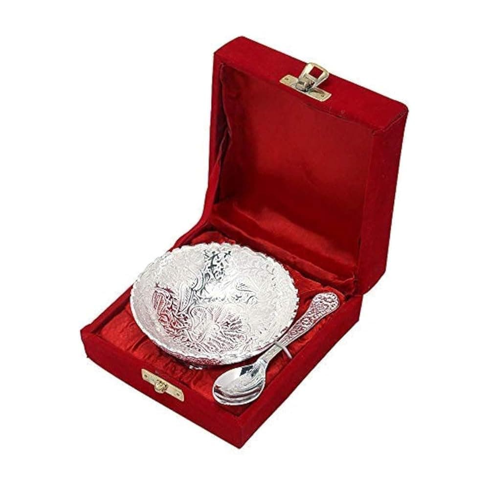 Silver Plated Small Bowl Set with Spoon Size - 9 * 9 * 3 cm Capacity -100 ml /3.38 OZ