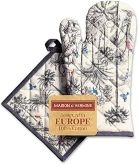 Maison d' Hermine 100% Cotton Oven Mitt & Pot Holder Set (19 x 33 cm & 20 x 20 cm) Heat Resistant BBQ Cooking Gloves with Loop for Christmas Decorations Baking Handling Hot Pans (Amazonia)