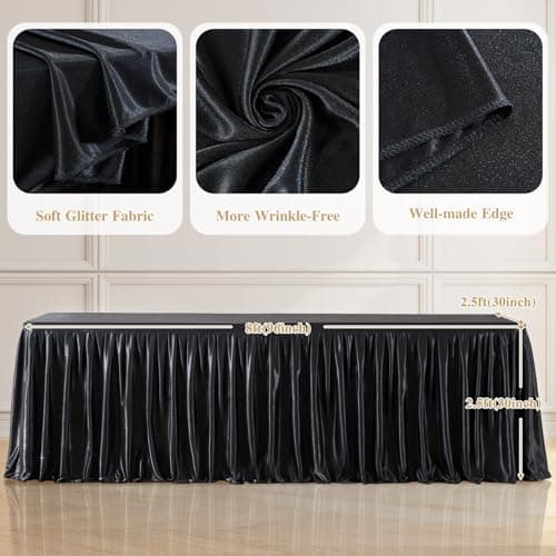 8ft Black Satin Tablecloths Rectangular - Shiny Spandex Party Table Cover with Pleated Table Skirt, No-Wrinkle & Glossy Wedding Tablecloth One-Piece for Birthday Baby Shower Banquet Ceremony & Events