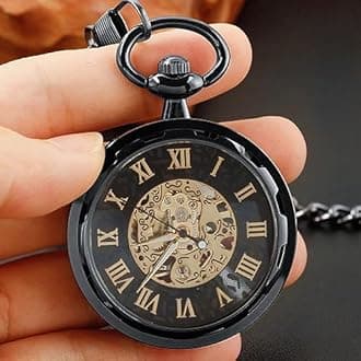 Unique Black Uncovered Open Design Mechanical Pocket Watch Case for Men, Men's Mechanical Roman Numerals Pocket Watch with Chain and Gift Box-Black, MW167, Retro