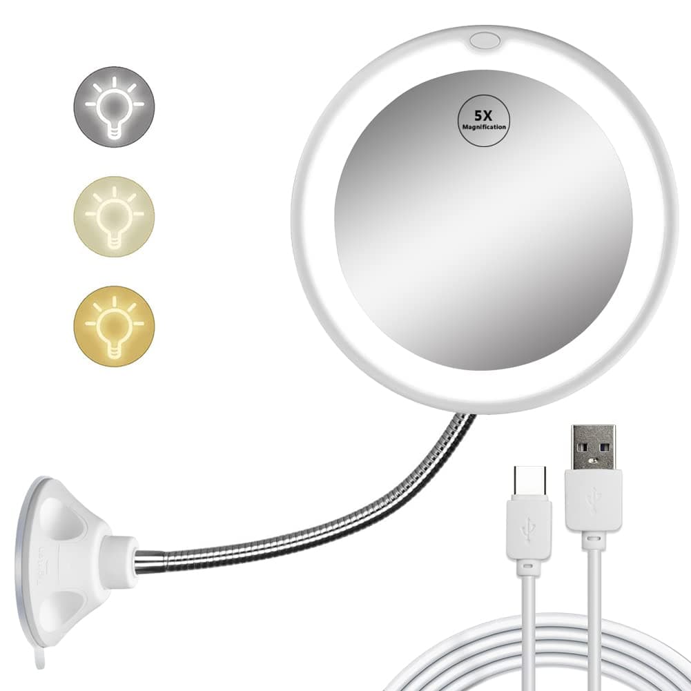 5X Magnifying Mirror with Light, LED Lighted Makeup Vanity Mirror with Lights Flexible Gooseneck Mirror with Lights with Powerful Suction Cup
