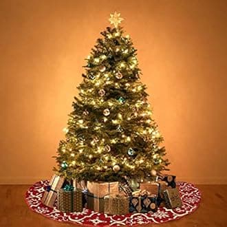 Red Flannel Tree Mat, 48 inches Large with Gilded Christmas Patterns Skirt for Xmas Tree Holiday Party Decorations Indoor Outdoor with 1 Christmas Stocking