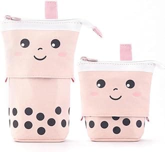 ANGOOBABY Polyester Standing Pencil Case Cute Telescopic Pen Holder Kawaii Stationery Pouch Makeup Cosmetics Bag For School Students Office Women Teens Girls Boys (Pink)