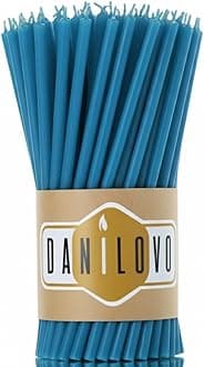 Danilovo Thin Taper Beeswax Candles - Honey-Scented, Decorative Candles Ideal for Birthday Decoration or Church Prayers - Turqoise Drip Free, Tall & Smokeless Pack of 50 pcs, 6.4 x 0.22 inch