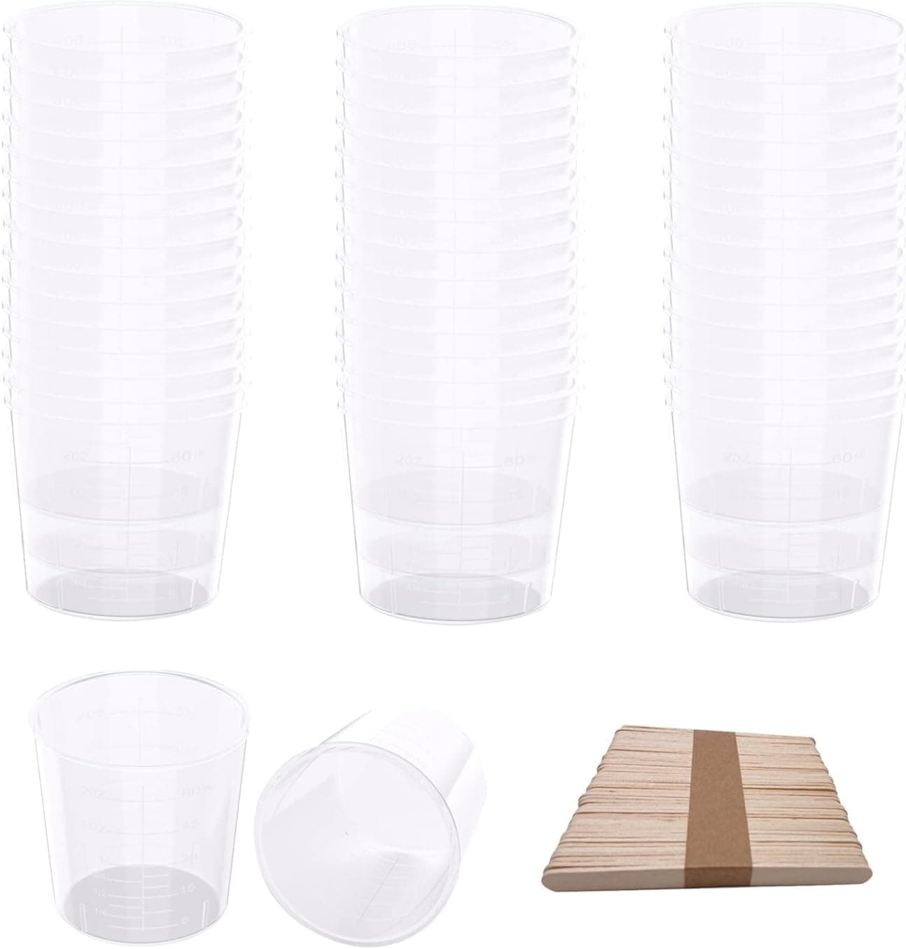 30 Pack 2 Ounce Plastic Graduated Cups 60 ml Transparent Scale Cups with 30 Pack Wooden Stirring Sticks for Mixing Paint, Stain, Epoxy, Resin