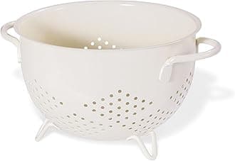 Metal Colander with Handle, 5 Quart Large Pasta Strainer, Kitchen Drain Basket with Three-Leg Base for Vegetable Fruit Berry (Cream)