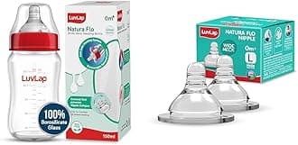 LuvLap Natura Flo Wide Neck Glass Feeding Bottle, 150ml & Luvlap Anti-Colic Natura Flo Teat/Nipple for Wide Neck Bottle, 2pcs, Fast Flow, 6m+