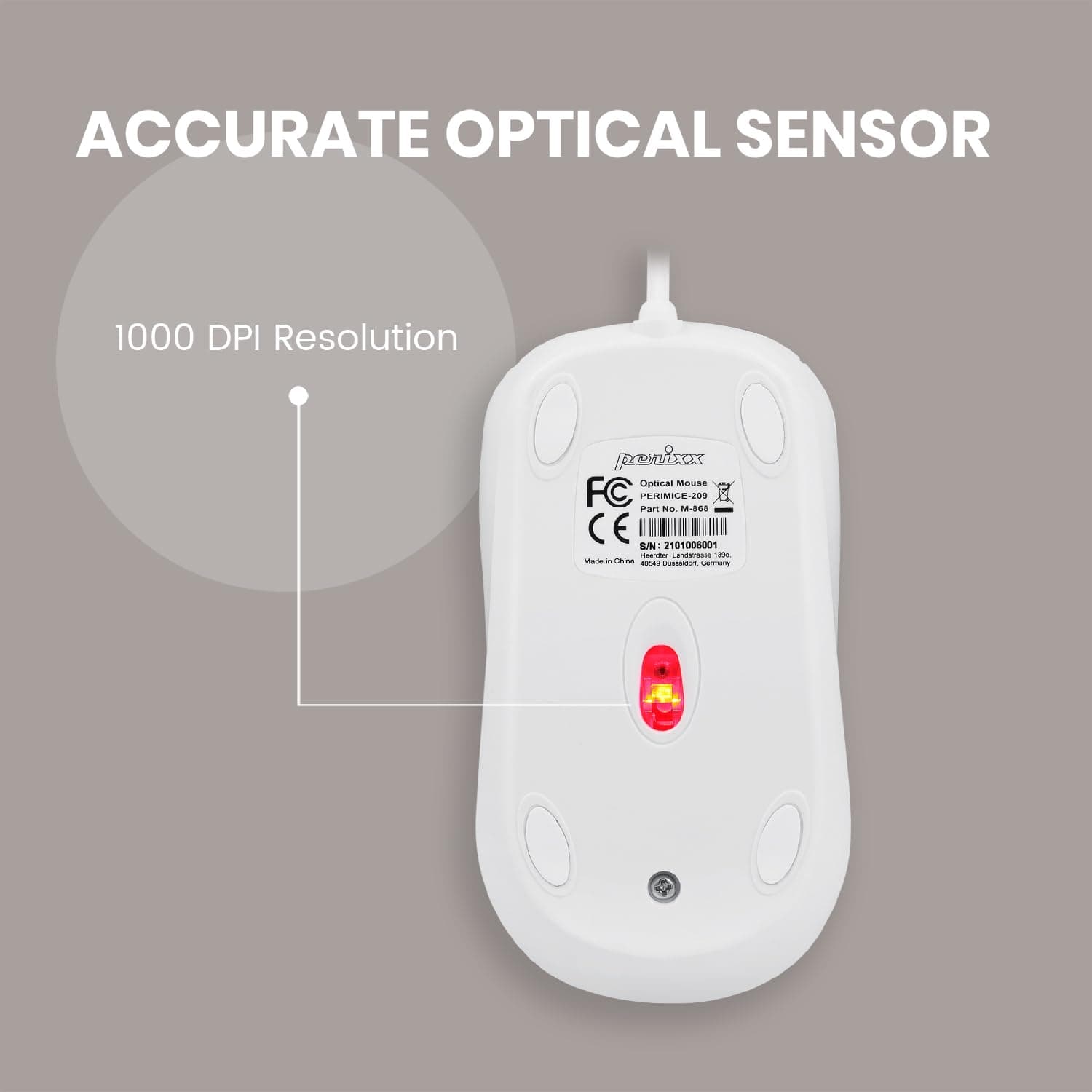 Perixx PERIMICE-209M 3 Button USB Wired Mouse - Optical - 1000 DPI - 5.9 Ft Cable - Beige