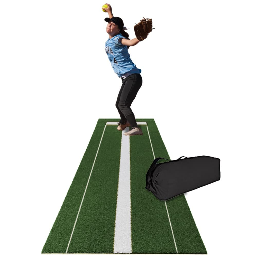 Pro-Ball Softball Pitching Mat. Precision is Key with The Integrated Power line on This Green 3 feet by 10 feet mat. Includes a Convenient case for Easy Transport and Storage.