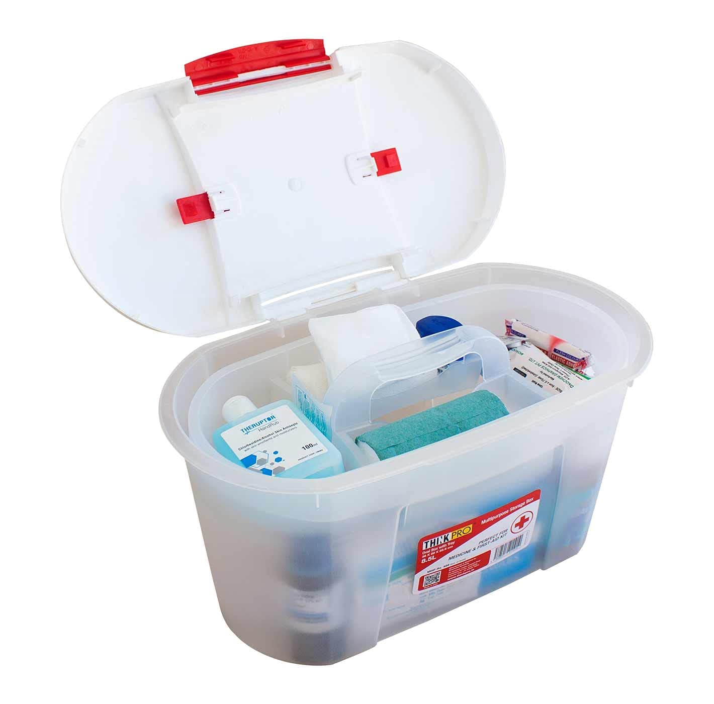 ThinkPro Oval Shaped Portable Medicine Storage Box, First Aid Storage Box with Sturdy Lid and Easy to Organize Detachable Tray for use in Home, Office, Factory, Car (8.5 L, Clear, Red)