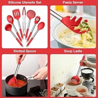 E-far Silicone Cooking Utensils Set, 7 Pcs Heat Resistant Kitchen Utensils with Stainless Steel Handle, Slotted Turner, Spoon, Soup Ladle, Pasta Server, Skimmer, Tongs for Nonstick Cookware, Red