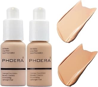 2 Pack PHOERA Foundation 102# Nude and 104# Buff Beige,Full Coverage Flawless Soft Matte 24 HR Oil Control Waterproof Concealer Liquid Foundation Makeup. ﻿