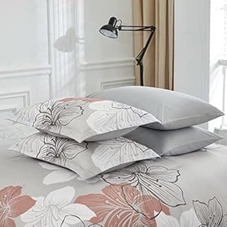 Floral Comforter Set Queen Size, Blush Pink Floral Pattern Printed on Light Grey, Soft Microfiber 7 Pieces Bed in a Bag (1 Comforter, 2 Pillow Shams, 1 Flat Sheet, 1 Fitted Sheet, 2 Pillowcases)