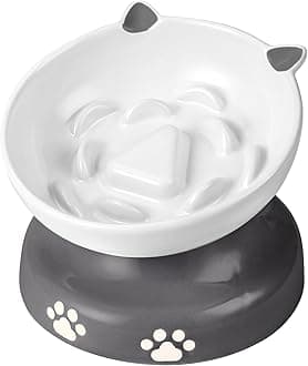 Y YHY Slow Feeder Cat Bowl, Ceramic Elevated Cat Bowl Tilted Design Slow Feeder for Dog and Cat for Dry and Wet Food, Gray