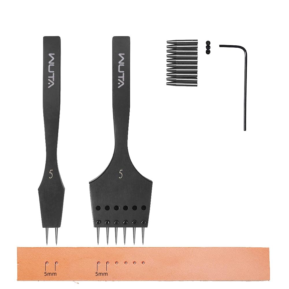 Removable Circle Leather Hole Punch Lacing Stitching Professional Working Hand Tool Kit Round Hole Puncher Craft Chisel Cutting Punches Kits 2nd Generation 5mm-(2+6)
