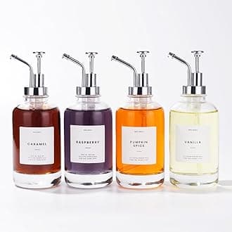 MoliMoli Coffee Syrup Dispenser for Coffee Bar, Coffee Pump Dispenser, Glass Syrup Bottle w. Pump, Maple/Coffee Syrup Bottles, Syrup Dispenser Set of 4, w. Labels, Siver