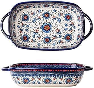Vintage Style Ceramic Baking Dish with Handles for Oven/Kitchen/Cooking Blue and Orange 700 ml