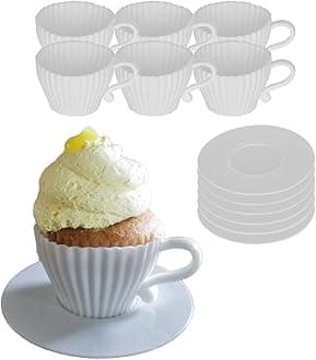 Evelots Baking Cupcake Teacup Mold Set-Oven Safe Silicone-W/Saucers-Bridal/Baby Shower-Birthday/Tea party-2 Colors-Set/12