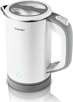 Sekaer Small Electric Tea Kettle Stainless Steel 0.8L Portable Travel Hot Water Boiler, Mini Electric Coffee Kettle with Auto Shut-Off & Boil Dry Protection, Cordless Base & White