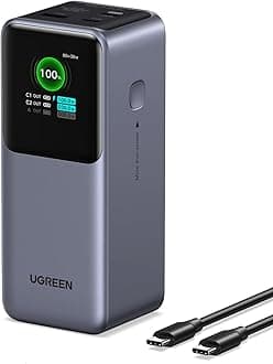 UGREEN Mobile Battery (20,000 mAh High Capacity, 130 W Fast Charging), 3 Ports: USB-C x 2, USB-A x 1, Innovative TFT Display, PD / PPS Compatible, Large Capacity, Vertical Design, Pass-Through/Low Current Modes, PSE Technology Standards Compliant, iPhone 17/16/15/Galaxy S26 Ultra/Macbook/Windows/Notebook/iPad/iPad/Android/Smartphone/Smartphone/ Laptop