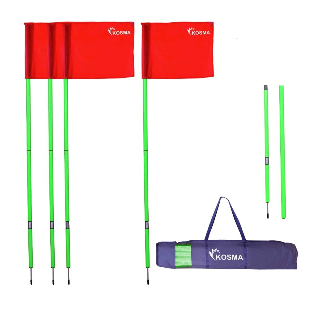 Kosma Pack of 4 - Foldable Corner Flags with fix Spike & Spring - Green pole 5ft x 25mm with Red Color Flags - in Carry Bag