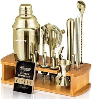 KITESSENSU Cocktail Shaker Set Bartender Kit with Stand | Bar Set Drink Mixer Set with All Essential Accessory Tools: Martini Shaker, Jigger, Strainer, Mixer Spoon, Muddler |Champagne Gold