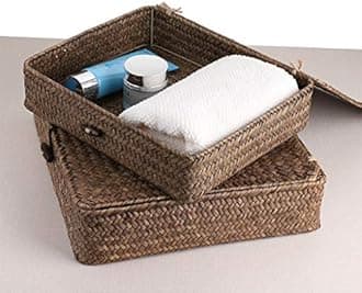 Hipiwe Set of 2 Flat Woven Wicker Storage Bins with Lid - Natural Seagrass Basket Boxes Multipurpose Home Organizer Bins Boxes for Shelf Organizer, Coffee