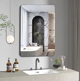 Vlsrka 23.6x18 Inch Bathroom Mirror, Black Metal Frame Wall Mirror with Rounded Corner in Aluminum, Rectangle Glass Panel Wall Mounted Mirror for Living Room, Hallway, Hangs Horizontally or Vertically